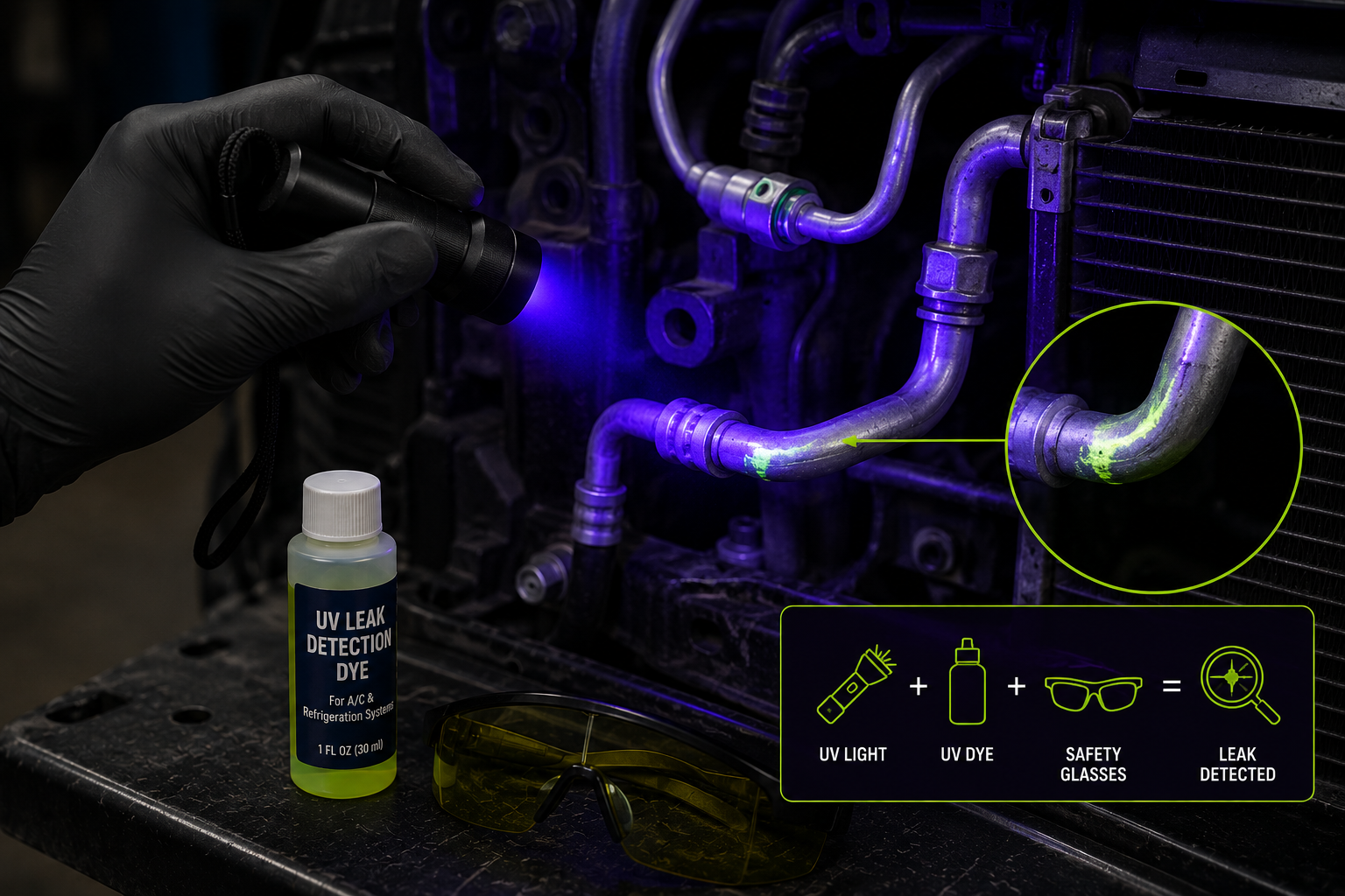 A/C leak detection with UV dye and electronic sniffer
