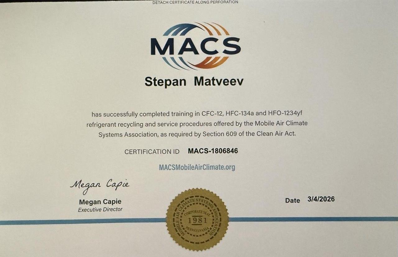 MACS Section 609 certification document